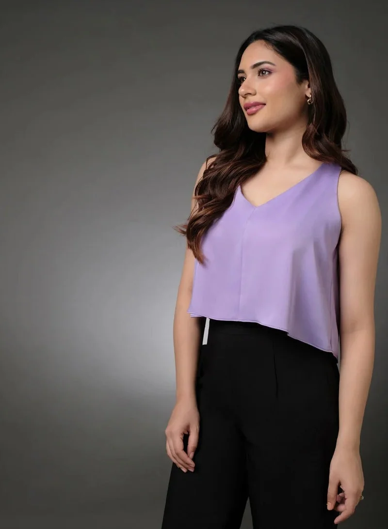 Zigzag Silk Satin Vneck Sleeveless Lavender Top